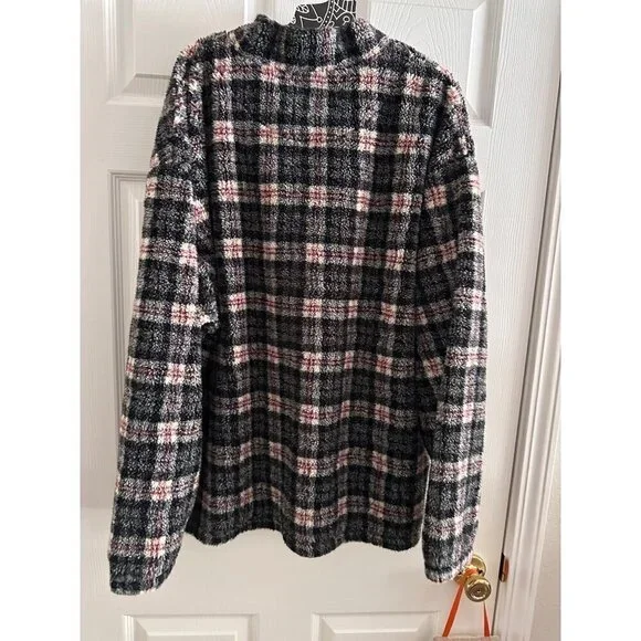 Eddie Bauer Vintage 3/4 Quarter Zip Plaid Fuzzy Pullover Mens Size XL